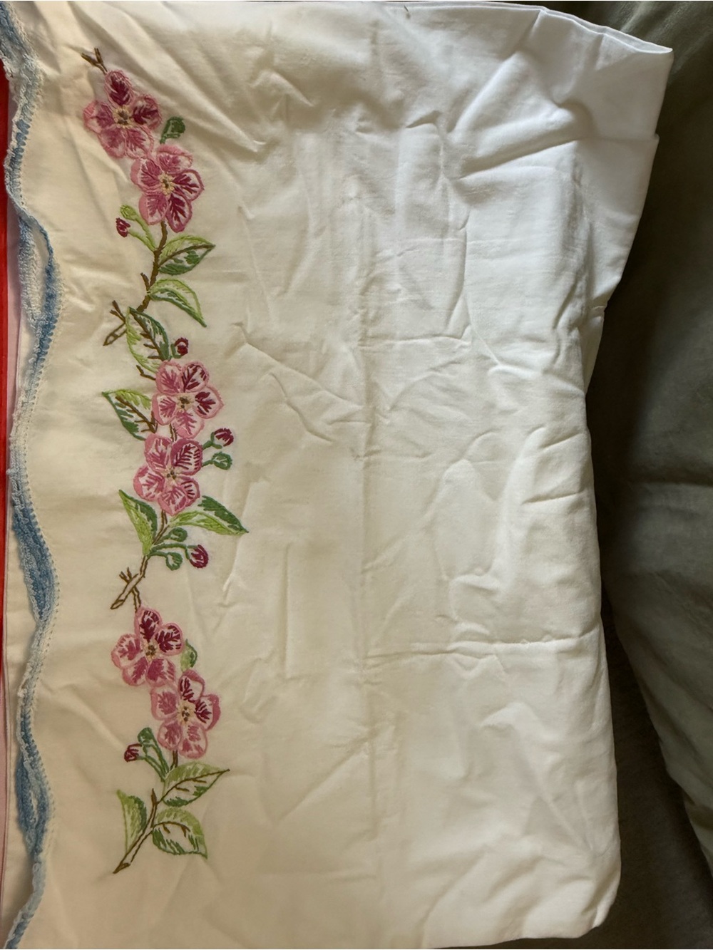Pillowcase White with Pink Floral Embroidery Blue Trim OSB